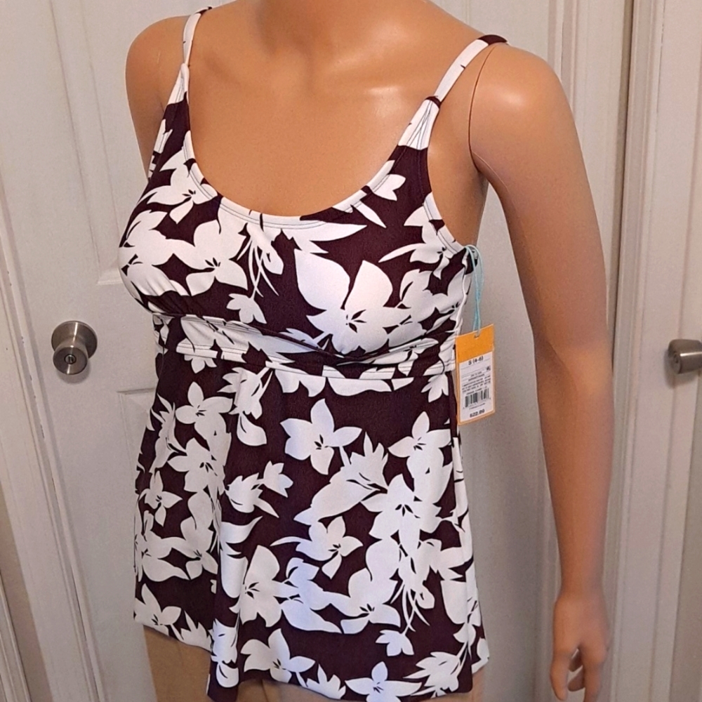 NWT Kona Sol Swimsuit Top with Adjustable Straps Burgandy & White Floral Design